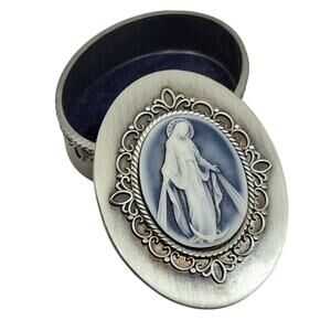 VTG SILVER TONE ROSARY CAMEO TRINKET BOX DRESSER JEWELRY RELIGIOUS CHRISTIAN